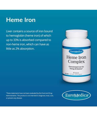 EuroMedica Heme Iron Complex - 90 Capsules - Liver for Energy & Stamina - Non-GMO - 45 Servings - Buy Online on GoSupps.com