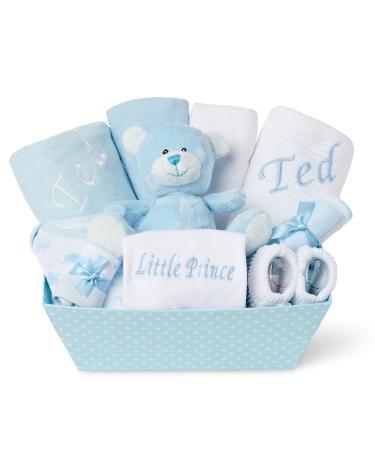 Baby Box Shop Personalised Baby Boy Gifts Set - 12 Baby Essentials for Newborn with 2 Personalised Gifts for Baby Boy - Baby Boy Hamper with Personalised Baby Gifts Baby Boy Personalised Gifts - Blue