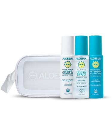 ALOESUN Organic Tanning Travel Size Bundle - Including Organic Coconut Tanning Oil, Ocean Spray, Organic AFTERSUN Spray, and Beach Bag