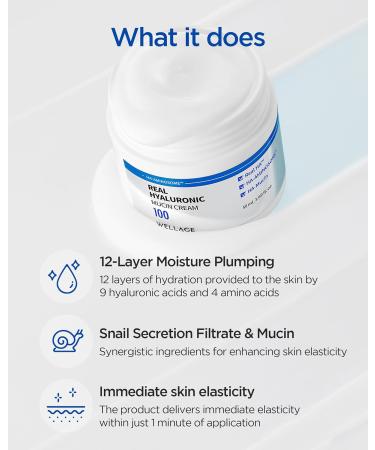 Wellage Real Hyaluronic Mucin Cream - Korean Face Gel Moisturizer for Ultimate Hydration & Elasticity - Pure Hyaluronic Acid & Snail Mucin - 1.69oz for All Skin Types - Buy Online on GoSupps.com