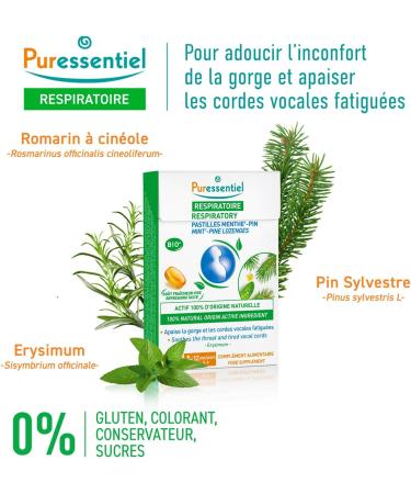 Puressentiel - Respiratory - Pine Mint Lozenges - With Erysimum Extract - Soothes tired throat and vocal cords - 20 lozenges - Buy Online on GoSupps.com