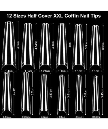 480pcs XXL Clear Acrylic Coffin Nail Tips - 12 Sizes Half Cover Ballerina Nails for DIY & Nail Studios - Buy Online on GoSupps.com
