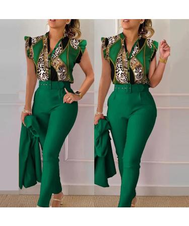 Womens 2 Piece Casual Outfits Stretch Button Down Blazers Jacket and Slim Fit Trouser Pants Suits Sets 2856-sasnx-7-green L - Buy Online on GoSupps.com
