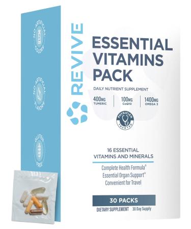 Revive MD Essential Vitamin Packs for Men & Women Daily Multivitamin Packets with Arjuna & Turmeric Extract Supports Heart Joint & Organ Health Travel-Friendly Vitamin Supplement (30 Servings)