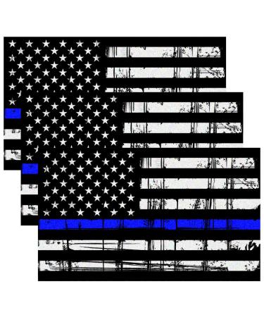 Creatrill Reflective Tattered Thin Blue Line Decal Matte Black  3 Packs 3x5 in. American USA Flag Decal Stickers for Cars, Trucks, Hard Hat, Support Police and Law Enforcement Officers 3-blueline
