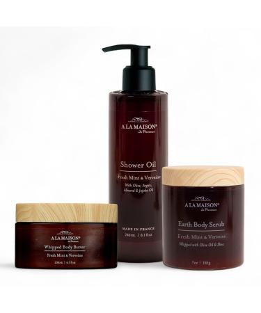 A La Maison Amber Collection Starter Kit - Shower Oil + Body Scrub + Body Butter Fresh Mint & Verveine Gently Exfoliates & Softens Skin French Formula Plant-Based