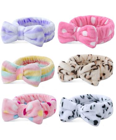 Teqifu 6 Pack Spa Headband Bow Hair Band Women Facial Makeup Head Band Soft Coral Fleece Bowknot Head Wraps for Washing Face Shower Bowtie Headbands Adjustable Elastic Hair Band for Girls and Women