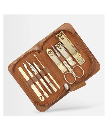 Fingernail Clipper Set Nail Clippers Manicure Set 9 in 1 Stainless Steel Professional Grooming Kit Mens Nail Clippers Pedicure Kit Nail Care Tools (Blue/Brown) Nail Grooming Kits (Color : Bruin)