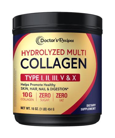 Doctor's Recipes Multi Collagen Peptides Powder for Women & Men Grass-Fed Bovine Hydrolyzed Protein Type I II III V X for Skin Hair Nails Unflavored Easy to Dissolve Paleo & Keto 16oz