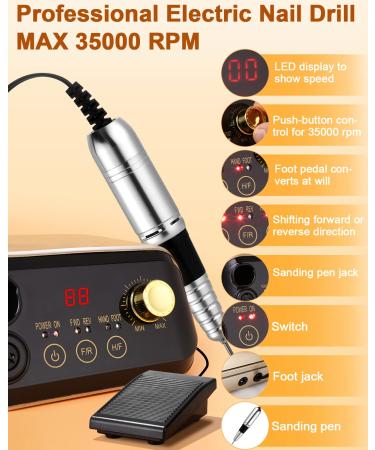 Professional Nail Miller 35000 RPM Electric Nail File Set | Gel Nail Manicure & Pedicure with LED Display Foot Pedal & 6 Bits | Perfect for Nail Studios & DIY Manicure - Buy Online on GoSupps.com