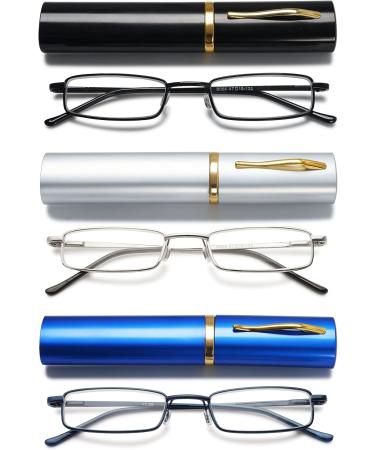 Vevesmundo Mini Compact Metal Reading Glasses with Blue Light Filter - Lightweight Spring Hinge Narrow Classic Design & Metal Etui Case - 2.5x Magnification - Buy Online on GoSupps.com