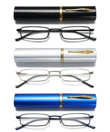 Vevesmundo metal reading glasses mini compactly light spring hinge narrow classic reading aid glasses with metal etui set a blue light filter reading glasses with case 1.0 x