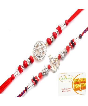 Ghasitaram Gifts Rakhi for Brother Rakhis Online - Set of 2 Chants of Om and Blessings of The Highest Aura Premium Rakhis with 400 GMS of Besan Barfi