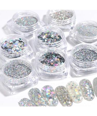 Holographic Nail Art Sequins Glitter Kits - 8 Boxes Metallic Shining Flakes Silver Nail Glitter Set by KISSBUTY for Holographic Manicure - Buy Online on GoSupps.com