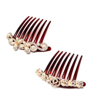 Honbay 2PCS 7 Teeth Hair Side Combs Pearl Crystal Rhinestone Floral Twist Combs Rhinestone Flower Hairpin Decorative Hair Combs Accessories for Women (2 Style)