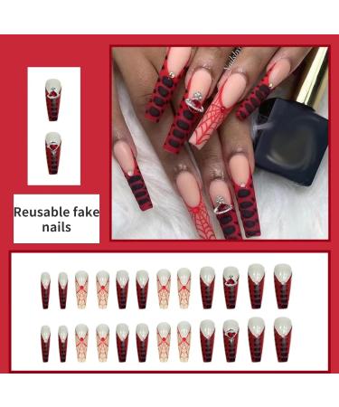 Runrayay Red French Press-On Nails with Planet Nail Rhinestones | Long Acrylic Coffin Nail Tips | 24-Part Full Cover Nail Art Kit for Women - Shop Internationally! - Buy Online on GoSupps.com