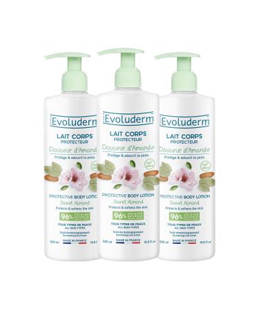 EVOLUDERM - Gentle Almond Protective Body Lotion - 500 ml - 96% Natural Origin - Vegan - Made in France - Pack of 3 x 500 ml
