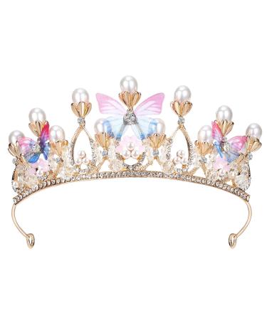 Lurrose Butterfly Princess Crown Pearl Butterfly Princess Tiara Headband Girls Birthday Crown Rhinestone Wedding Bridal Crowns for Prom Party