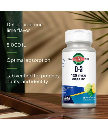 KAL Vitamin D-3 5000 IU ActivMelt Instant Dissolve Natural Lemon Lime Flavor Healthy Immune Function & Bone Support 90 Servings 90 Micro Tablets - Buy Online on GoSupps.com
