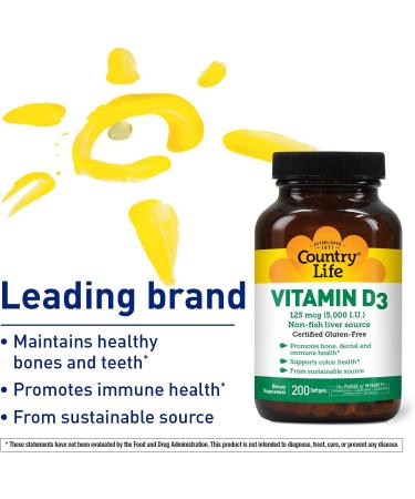 Country Life Vitamin D3 5000 IU - 200 Softgels | Boost Immunity & Bone Health - Buy Online on GoSupps.com