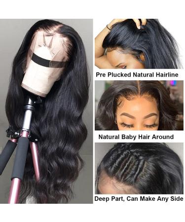 26 Inch Body Wave Lace Front Wig Human Hair | Pre-plucked 13x4 Frontal Wig for Women | Transparent Lace Front Wig with Baby Hair | Brazilian Virgin Hair | 150% Density | Natural Black - Buy Online on GoSupps.com