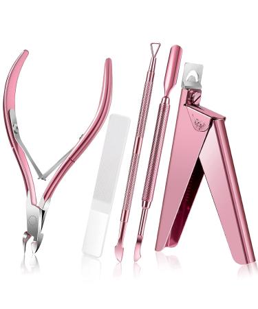 Acrylic Nail Clipper 5 in 1 Kit with Glass Nail File Cuticle Trimmer Nipper and Cuticle Pusher Nail Gel Polish Remover Stainless Steel Professional Manicure Pedicure Christmas Gifts(Pink)