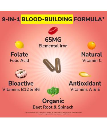 Vitalibre Iron Supplement for Women and Men, Iron Bisglycinate, 65mg Elemental Iron, Non-Constipating, with Vitamins C B6 B12 Folate & Beet Root, 60 Caps - Buy Online on GoSupps.com