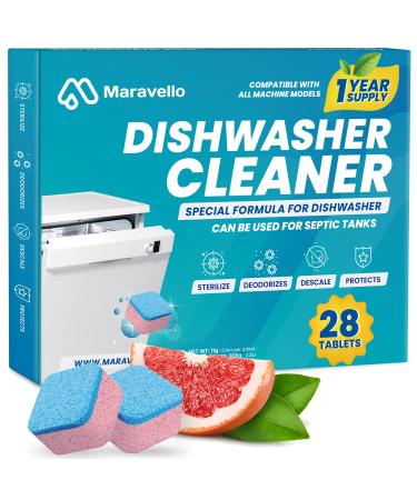 Maravello Dishwasher Cleaner And Deodorizer, Extra Clean Dishwasher Tablets, Remove Limescale, Grease and Odor, Septic Tank Safe- 28 Tablets, 12 Months Supply Grapefruit 28 Count (Pack of 1)