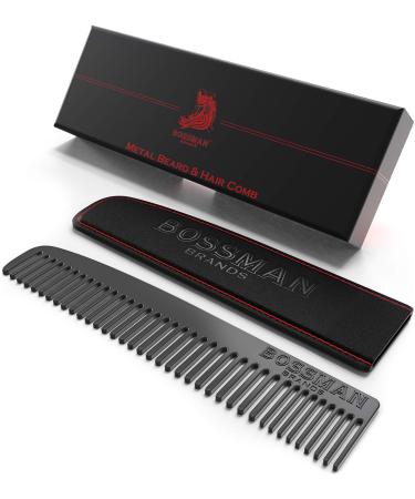 Bossman Metal Comb for Men - Hair and Beard Comb - Accessories for Men's Mustache, Beard and Hair Care with Leather Pocket Case (Black)