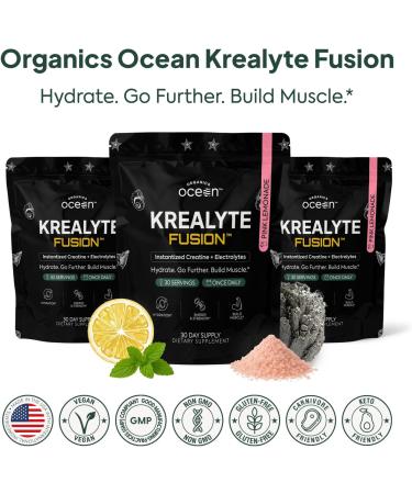 Organics Ocean Krealyte Fusion - Instantized Creatine Monohydrate Powder with Electrolytes - Muscle Strength Endurance & Hydration Support - Vegan Sugar-Free Pink Lemonade Flavor - 30 Servings 9.17 Ounce (Pack of 1) - Buy Online on GoSupps.com