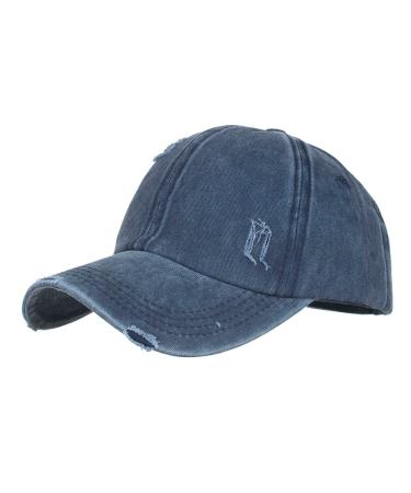 Women Backless Baseball Caps with Ponytail Hole Washed Ripped Adjustable Cap Vintage Breathable Tennis Hats Navy One Size