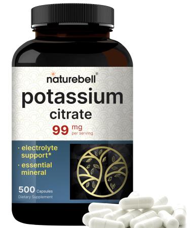 Potassium Citrate Supplement 99mg 500 Capsules | Easily Absorbed Chelated Form Essential Mineral Electrolyte Balance Supports Muscle Bone & Heart Health Non-GMO Potassium Citrate 500 Count (Pack of 1)