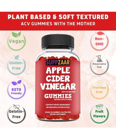 SUPPZAAR Vegan Apple Cider Vinegar Gummies 500mg - 60 Servings | Immune Support & Digestive Health | Natural Detox & Cleanse | With The Mother | ACV Gummies Alternative - Buy Online on GoSupps.com