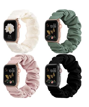 Recoppa Compatible for Apple Watch Band Scrunchie 38mm 40mm 41mm 42mm 44mm 45mm Cute Printed Elastic Solo Loop Bands Women Bracelet Strap for iWatch Series 8 7 6 5 4 3 2 1 SE 4 Packs Black/Floral Lace/Pink/Pine Green 38mm/40mm/41mm-Small