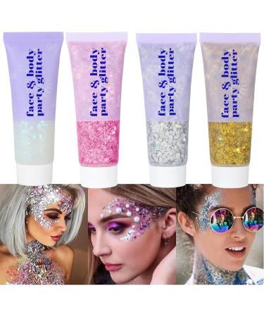 4 Colors Body Glitter Gel Face Glitter Body Gel Singer Concerts Makeup Sparkling Holographic Gel Long Lasting Chunky Sequins Glitters for Eye Lip Hair Nails Festival Rave Accessories Halloween Makeup Gold Pink Silver White