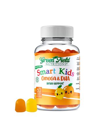 Greenfield Nutritions Smart Kids Halal Omega 3 Gummies with DHA - 60 Halal Vitamins for Kids Supports Brain & Immune Health - Vegan Non-GMO Gluten Gelatin-Free and Peanut-Free Halal Gummy Vitamins