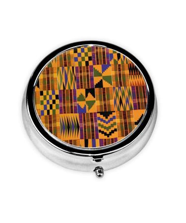 African Tribal Ethnic Texture Portable Metal Pill Box Round Mini 3-Compartment Plastic Insert hinged Fastening Design Suitable for Small Pills Must-Have for Travel Black