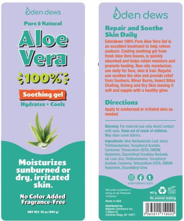 Eden Dews Organic Aloe Vera Gel 100% Pure Moisturizing Face Skin & Hair Care Hydrating & Soothing for Dry Skin Made in USA Unscented 16 oz 2-Pack - Buy Online on GoSupps.com