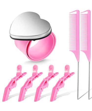7 Pieces Hair Braiding Tools 1 Piece Magnetic Pin Wristband and 2 Pieces Stainless Steel Pintail Rat Tail Comb with 4 Pieces Wide Teeth Alligator Sectioning Hair Clip for Hair Braid Maker (Pink)