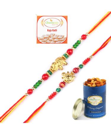 Ghasitaram Gifts Rakhi for Brother Rakhis Online - Set of 2-6043 and 6059 Rakhi Threads with 100 GMS of Dryfruits Mix Can 200 GMS of Kaju katli