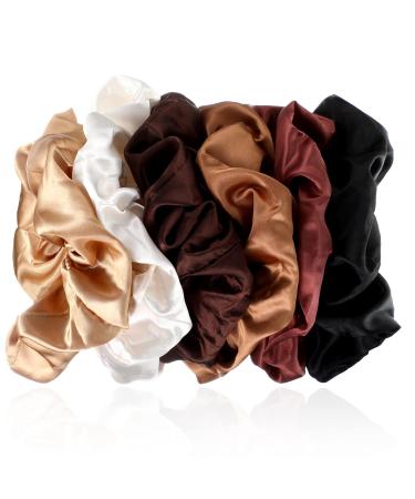 6 Pieces Oversized Satin Hair Ties Set Soft Silk Elastic Hair Bands for Girls | Stylish Horseshoe Holders in White Reddish Brown Black Bright Coffee Dark Coffee Brown - Buy Online on GoSupps.com