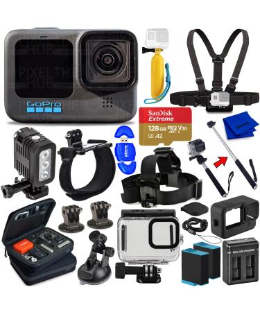Pixel Hub GoPro HERO10 Hero 10 Camcorder Black - Ultimate Bundle Includes: Sandisk Ultra 128GB microSD, 2X Extra Batteries, Charger, Underwater Housing, LED Light Kit, Carry Case and More