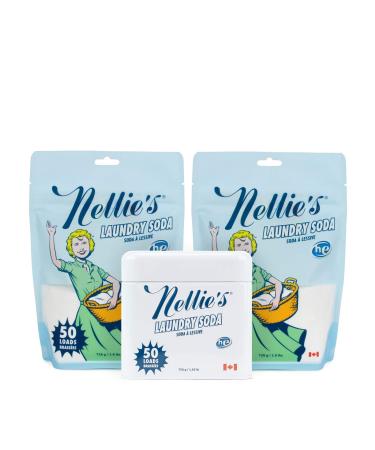 Nellie's 50 Load Laundry Soda Tin with Two Nellie's 50 Load Laundry Soda Refill Pouches