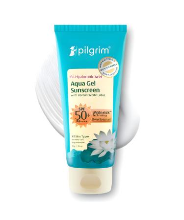Pilgrim Aqua Gel Sunscreen SPF 50+ PA++++ with 1% Hyaluronic Acid & Korean White Lotus | Broad Spectrum UV Protection | Lightweight Hydrating Sunscreen for All Skin Types | 1.69 Fl Oz (50 ml)