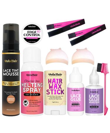 Dolahair Lace Glue Kit Lace Tint Mousse Wig Glue Kit complete set lace front kit wig installation kit wig melting kit Melting Spray for Lace Wig Melt Wig Essentials (Medium Brown)