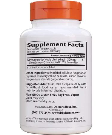 Doctor's Best Bacopa with Synapsa 320mg | 60 Veggie Caps - Cognitive Support - Buy Online on GoSupps.com