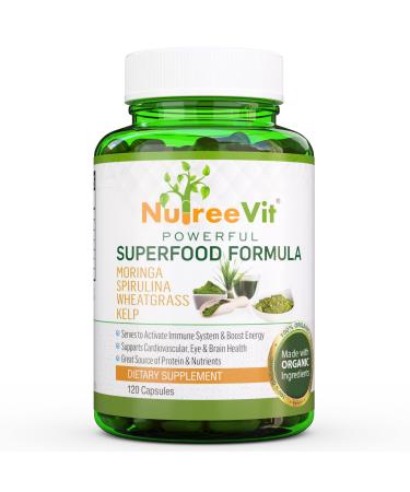 NutreeVit 100% Organic Powerful Superfood Formula - Immune System Booster Energy Pills with Moringa Spirulina Wheatgrass and Kelp - 200 Count Bottle 200 Count (Pack of 1)