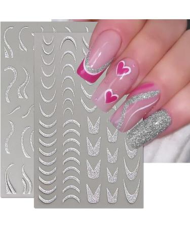 3D Glitter Silver French Nail Stickers - Self-Adhesive Butterfly Star & Heart Designs for Stunning Nail Art - Buy Online on GoSupps.com
