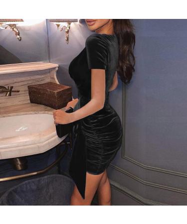 Fashion Party Dress for Women | V Neck Short Sleeve Solid Velvet Pleated Cocktail Dress in Black - Buy Online on GoSupps.com