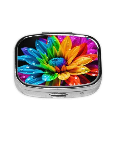 Colorful Flowers Printing 2 Compartment Small Pill Case Cute Small Pill Box Purse Pill Boxs Travel Pill Organizer for Pocket Purse and Travel Gifts